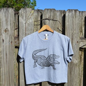 Alligator Gator Hand Drawn Ink Illustration Crew Neck Sweatshirt 100% Cotton Reptile Herpetology outside natural lighting white black gray