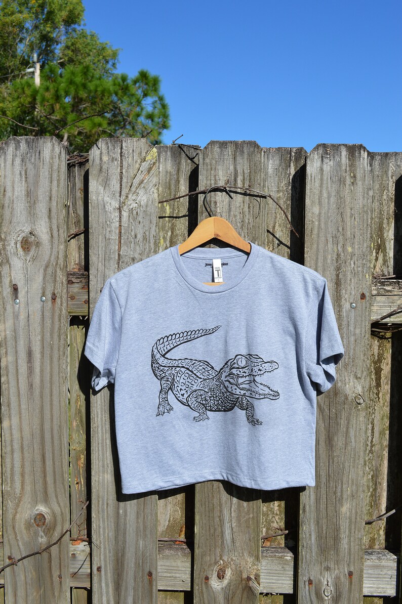 Alligator Gator Hand Drawn Ink Illustration Crew Neck Sweatshirt 100% Cotton Reptile Herpetology outside natural lighting white black gray