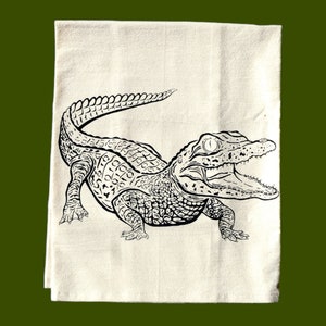 Alligator, Gator, Tea towel, Kitchen Towel, cotton, ink illustration, drawing, raccoon, trash panda, green,