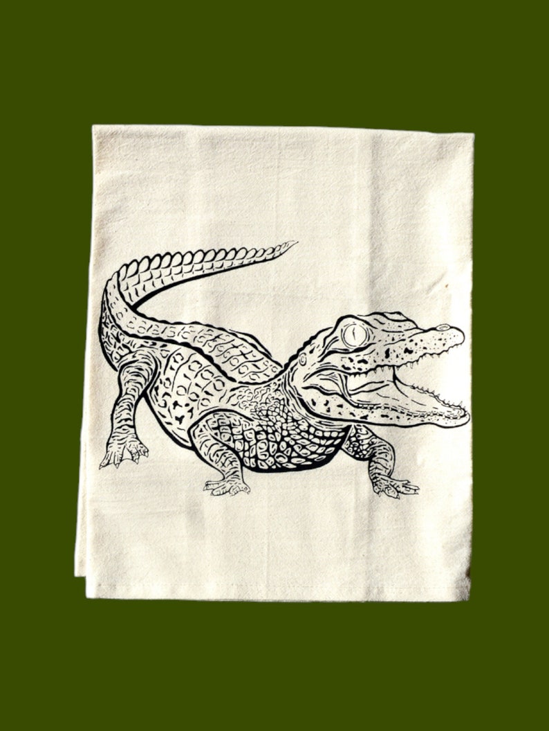 Alligator, Gator, Tea towel, Kitchen Towel, cotton, ink illustration, drawing, raccoon, trash panda, green,