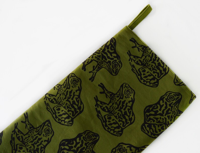 Gopher Frog Christmas Stocking. Olive Green. 100% Cotton. Hand Block Printed & Sewn. image 6