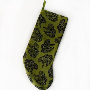 Gopher Frog Christmas Stocking. Olive Green. 100% Cotton. Hand Block Printed & Sewn. image 7