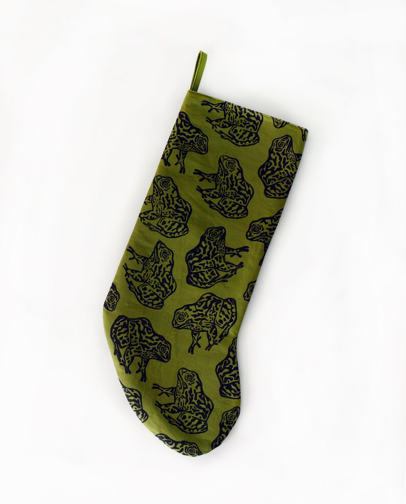 Gopher Frog Christmas Stocking. Olive Green. 100% Cotton. Hand Block Printed & Sewn. image 7