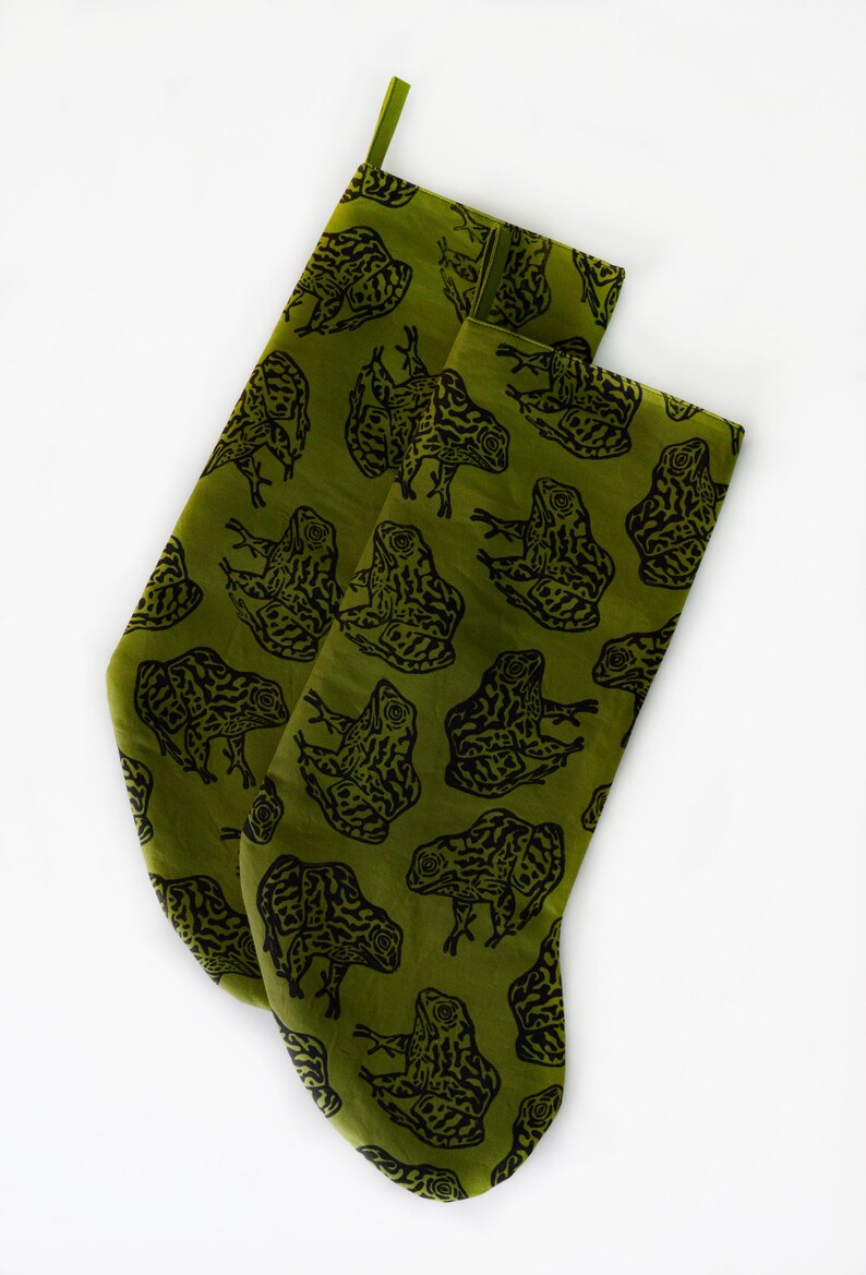 Gopher Frog Christmas Stocking. Olive Green. 100% Cotton. Hand Block Printed & Sewn. image 9