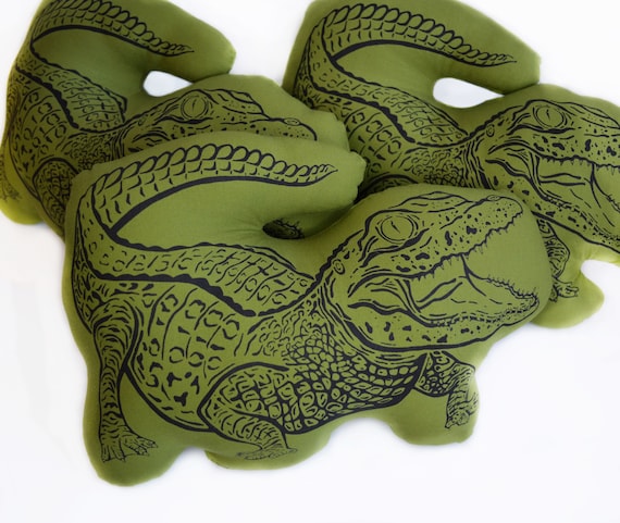 Gator Baby Plush Pillow. Hand Illustrated,  Screen Printed, & Sewn. 100% Cotton. Handmade. 13x9"