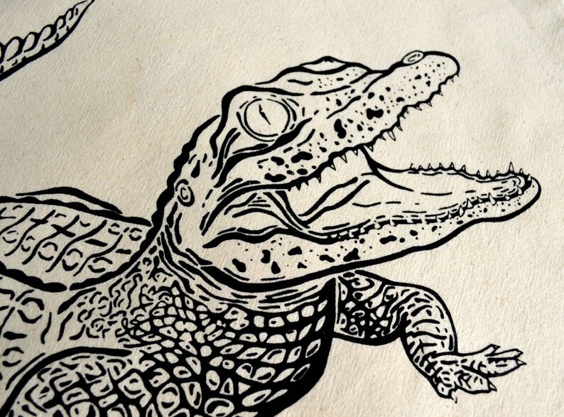 American alligator, gator, hand drawn, ink illustration, Cotton tote bag, wildlife, natural science illustration