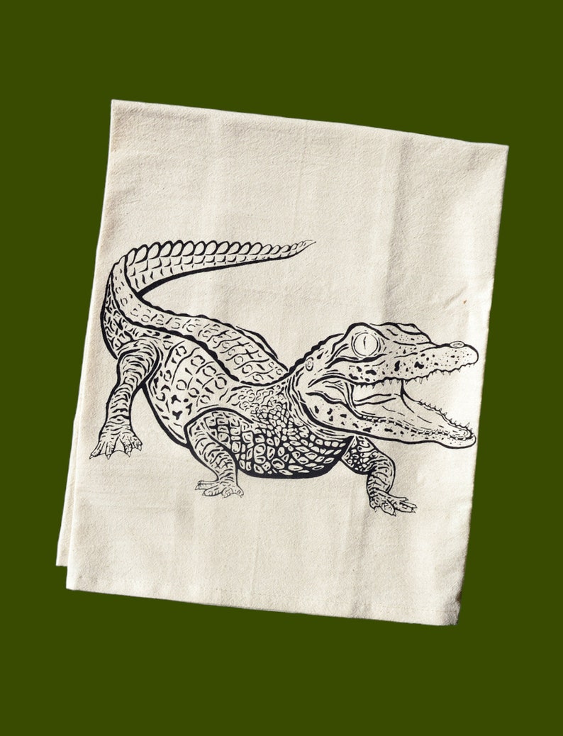 Alligator, Gator, Tea towel, Kitchen Towel, cotton, ink illustration, drawing, raccoon, trash panda, green,