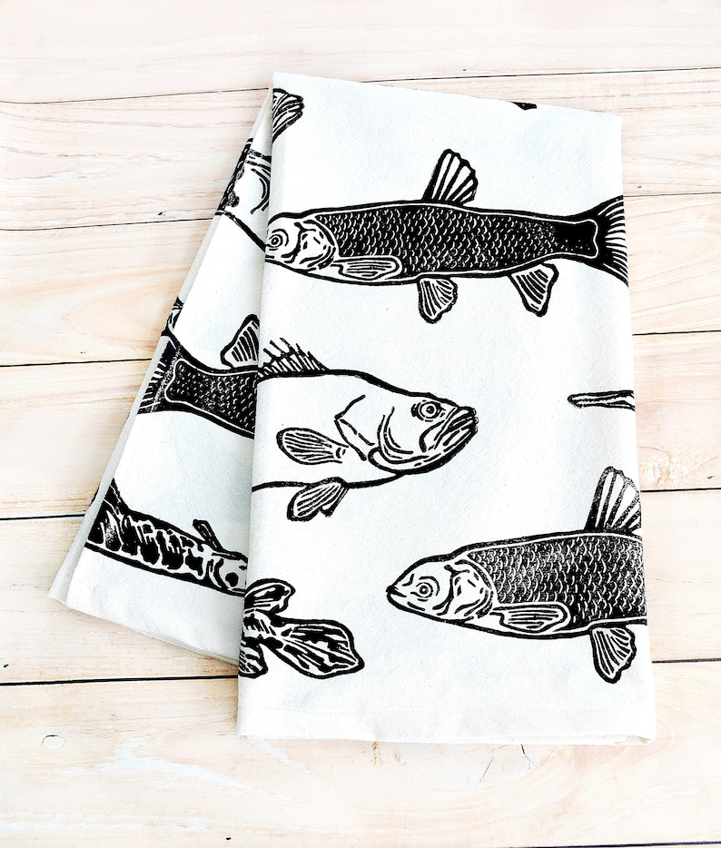 Florida Fish Tea Towel. Large Mouth Bass. Alligator Gar. Grass Carp. Hand Block Printed. Dishcloth. 100% Organic Cotton. 28x28 image 1