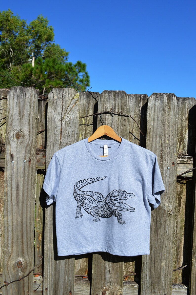 Alligator Gator Hand Drawn Ink Illustration Crew Neck Sweatshirt 100% Cotton Reptile Herpetology outside natural lighting Green Crop Top Gray