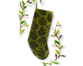 Gopher Frog Christmas Stocking. Olive Green. 100% Cotton. Hand Block Printed & Sewn.