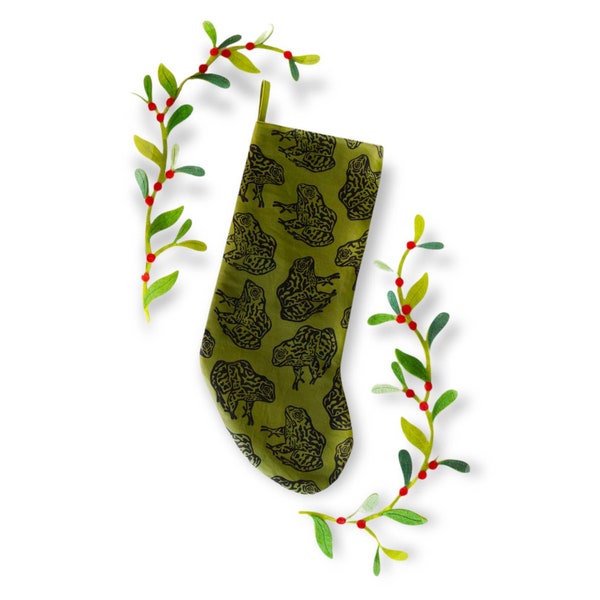 Gopher Frog Christmas Stocking. Olive Green. 100% Cotton. Hand Block Printed & Sewn.