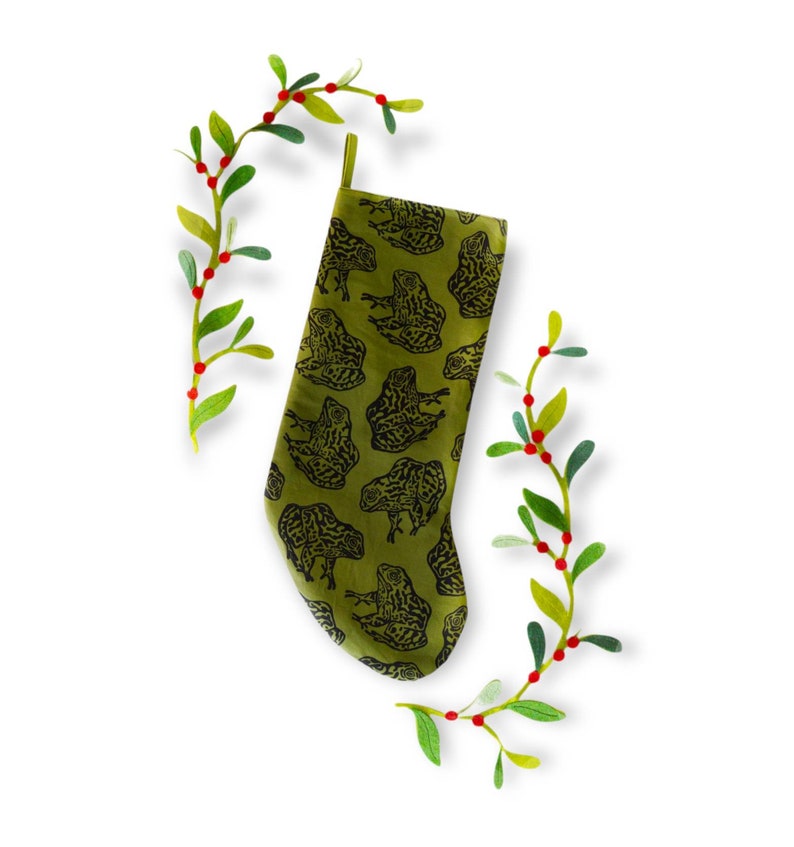 Gopher Frog Christmas Stocking. Olive Green. 100% Cotton. Hand Block Printed & Sewn. image 1