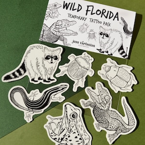 Wild Florida Temporary Tattoo Pack of Five. Baby Gator. Alligator. Raccoon. Beetles. Southern Leopard Frog. Six Lined Racerunner. image 3