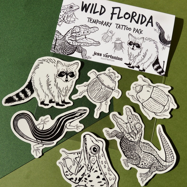 Wild Florida Temporary Tattoo Pack of Five. Baby Gator. Alligator. Raccoon. Beetles. Southern Leopard Frog. Six Lined Racerunner. image 3