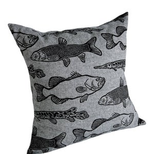 Florida Fish Throw Pillow Slip Cover. Alligator Gar. Large Mouth Bass. Hand Drawn. Linen. Hand Block Printed & Sewn. 19x19 image 1