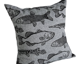 Florida Fish Throw Pillow Slip Cover. Alligator Gar. Large Mouth Bass. Hand Drawn. Linen. Hand Block Printed & Sewn. 19x19"