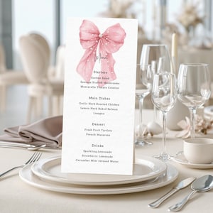 Mall för babyshowermeny med rosa rosett, menykort för babyshower för flicka, utskrivbar redigerbar meny, rodnande rosa kokett, Canva-mall för babyshower, BSR1