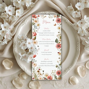 Babyshower-menymall Blommiga menykort Ladda ner vildblommig meny för babyshower Redigerbar Canva-menymall BSA47