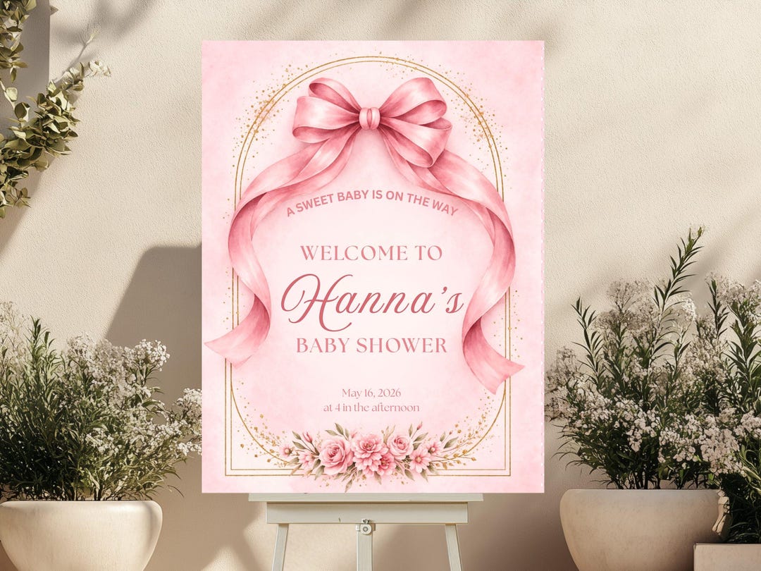 Pink Bow Baby Shower Sign Coquette Welcome Sign Editable Canva Girl ...