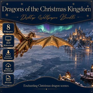 Op de afbeelding: Een desktop wallpaper bundel getiteld Dragons of the Christmas Kingdom, met 8 afbeeldingen van een gouden draak die over een bevroren meer bij een kasteel onder een noorderlicht vliegt. Inclusief 16:9 breedbeeld en JPG-bestanden.