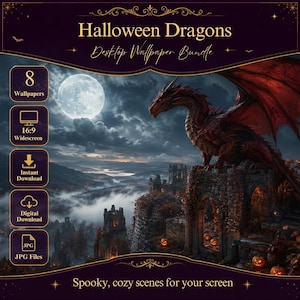 May include: A digital desktop wallpaper bundle titled Halloween Dragons featuring a red dragon perched on a stone castle ruin under a full moon. The graphic includes text labels for 8 wallpapers, 16:9 widescreen, instant download, and JPG files.