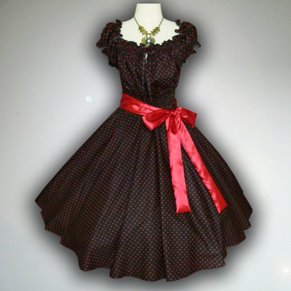 Black & Red Polka Dot 50s Pin up Rockabilly Swing Party Prom Dress Plus Size 24 26 28