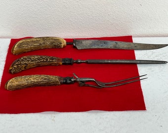 Antique Gormley Co Meat Carving Set with Sterling Adornments and Antler Handles