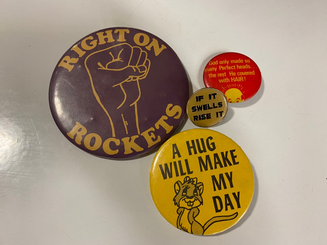 Set of 4 Vintage Funny Pinback Buttons Right On Bald Head Etsy