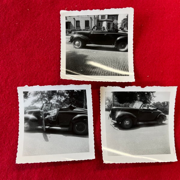 Vintage Set of 3 Small Photos Teenage Girls Showing Off a 1940s Mercury Convertible
