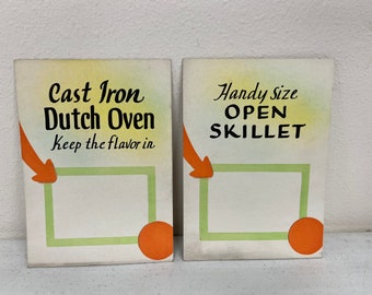 Vintage 1930s-40s Handmade Pair of Hardware Store Display Cardboard Sale Signs Dutch Oven & Open Skillet
