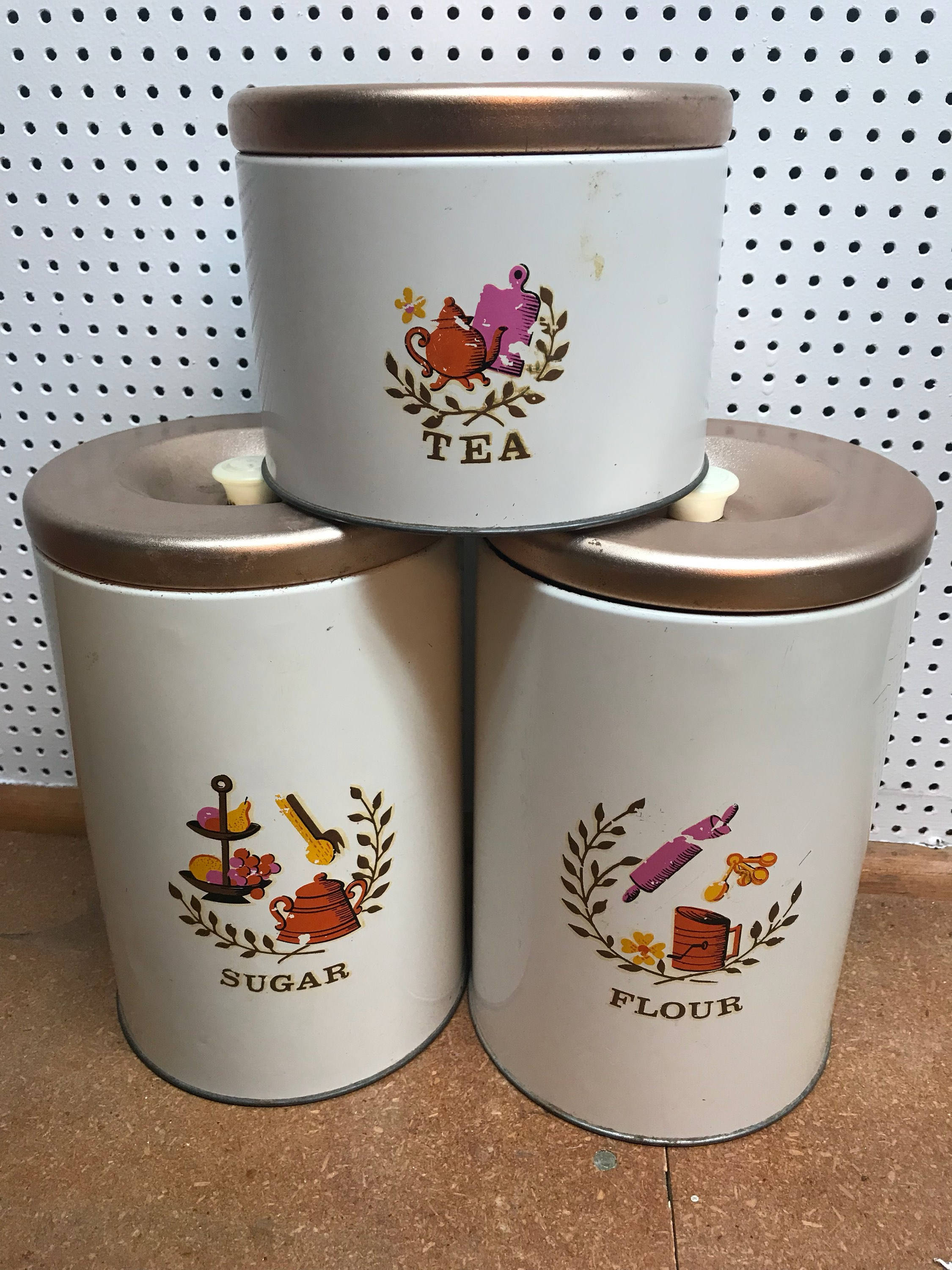 Vintage White & Copper 3 Piece Kitchen Canister Set Tea ...