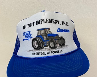 Vintage Hundt Implement Inc Cashton, Wisconsin Blue Mesh Farm Hat Trucker Hat Snapback Worn Tractor
