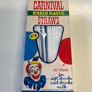 May include: A box of 100 Carnival Supra Plastic straws. The box is red, white, and blue with a clown illustration. The text on the box reads "100 Carnival Supra Plastic Straws, New, 100 Straws for soft drinks, iced drinks, milk, Squash-Proof".