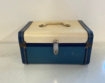 Vintage Blue & White Train Case or Makeup Case