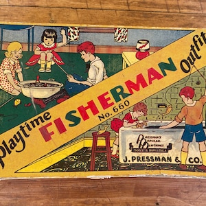 May include: A vintage Playtime Fisherman Outfit game box with a colorful illustration of children fishing. The box is yellow with red and blue accents and features the text "Playtime Fisherman Outfit No. 660".