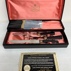 Vintage Sheffield Crown Crest Stainless Steel Knife Set 24kt Gold Plated in Elk Themed Box