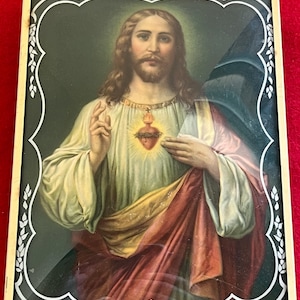 Reproduction vintage du Sacré-Cœur de Jésus-Christ dans un cadre en verre biseauté Religieux catholique