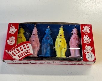 Vintage Circus Clown Themed Novelty Birthday Candles by Gurley Novelty Co set of 5 Unused in Package