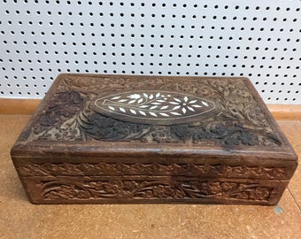 Vintage Handmade Wood Jewelry Box with Bone Inlay