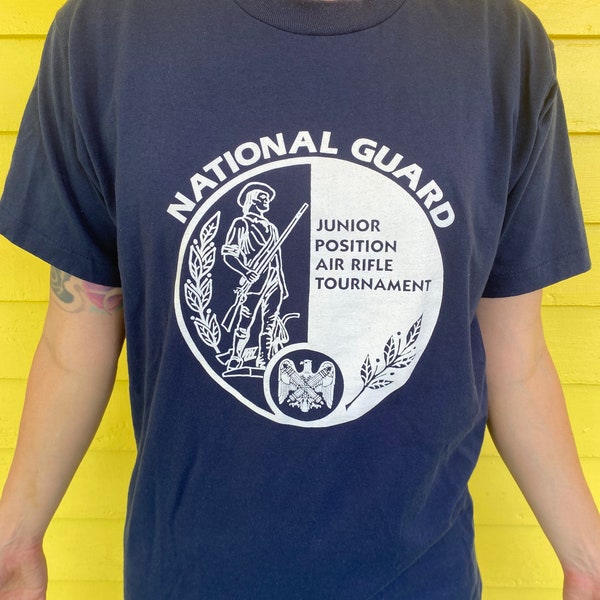 Vintage 1990s National Guard Junior Position Air Rifle Tournament Dark Blue Graphic Tee Size Large