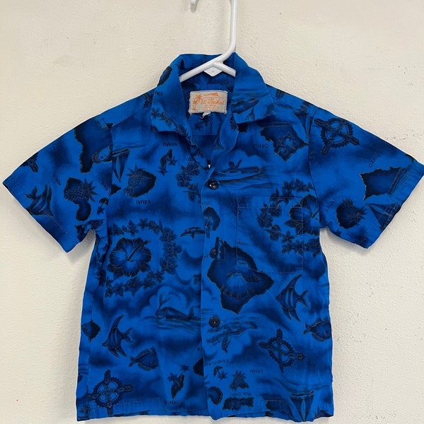 Vintage Ui- Maikai Blue Hawaiian Button Down Shirt Kids Size Small