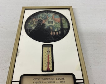 Vintage City Package Store Silhouette Mirror Sign Thermometer Bristol, Connecticut