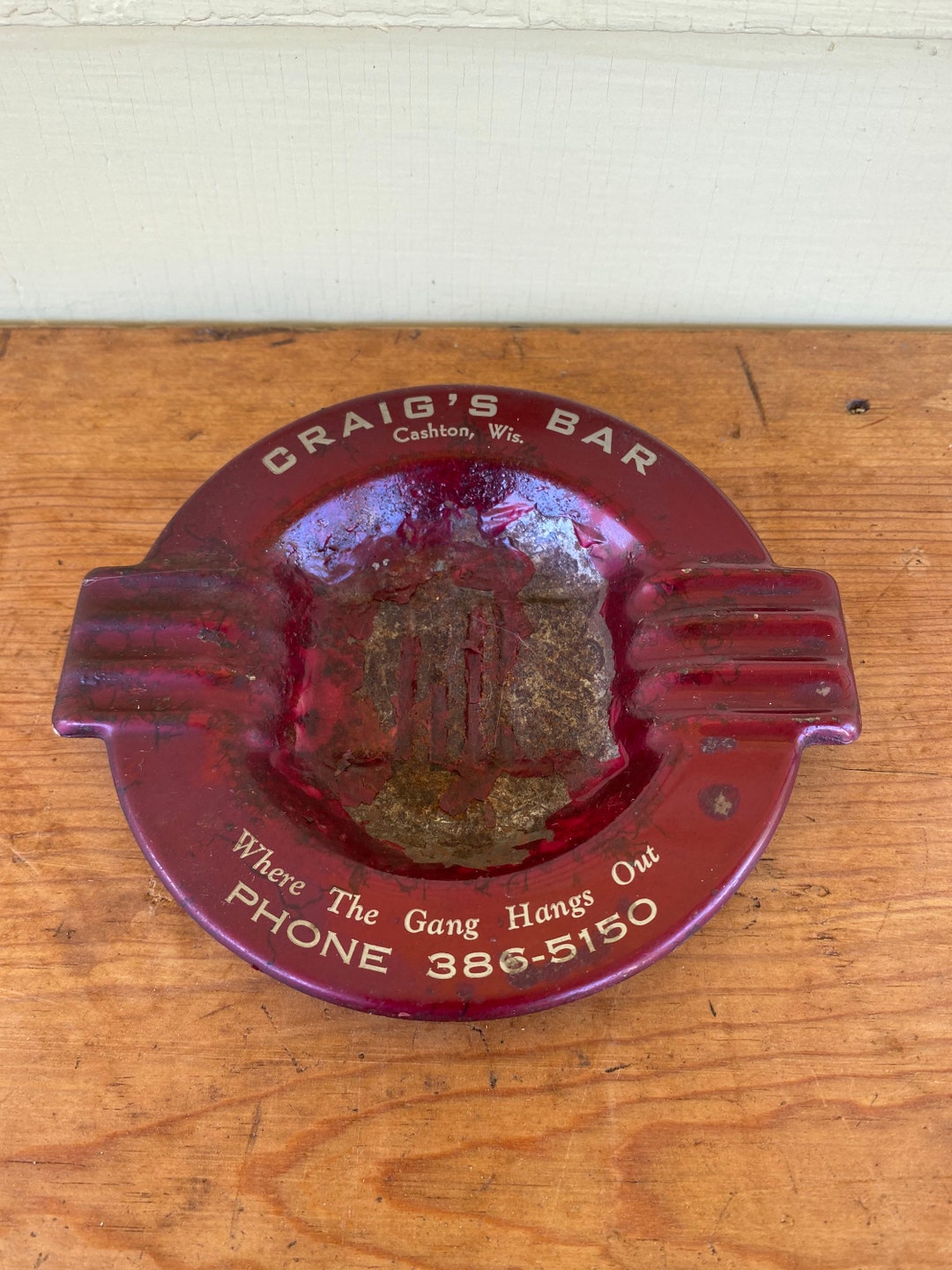 Vintage Craigs Bar Cashton, WI Maroon Metal Ashtray Where the Gang