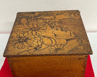 Vintage Beautiful Lady on Handmade Wood Box with Hinged Lid