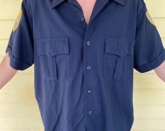 Vintage Blue Police Short Sleeve Men's Button Up With Patches Shirt Size XL