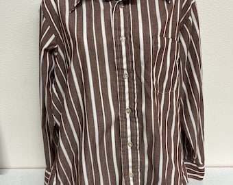 Vintage Career Club Brown and White Striped Long Sleeved Button Down Shirt Size Large