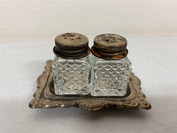 Antique Glass and Silverplate Fancy Salt & Pepper Shakers Set on Tray 