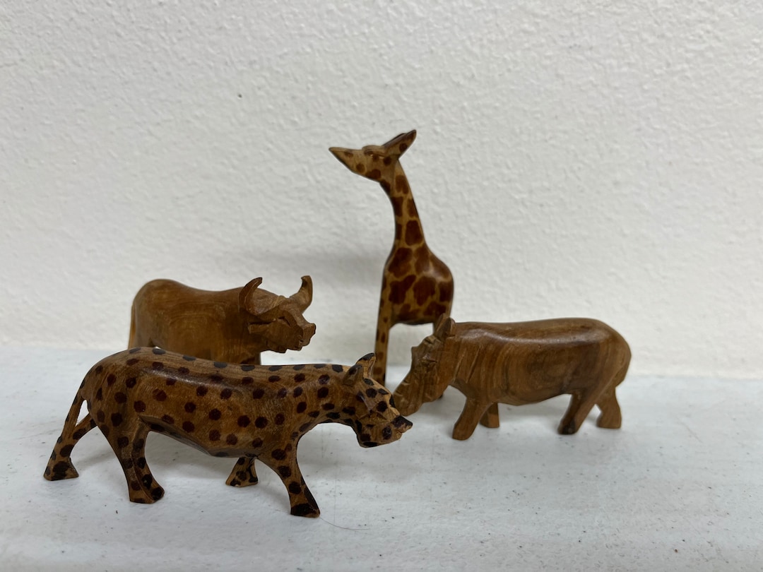 Vintage Folk Art Hand Carved Wood African Animals Set 2 Etsy
