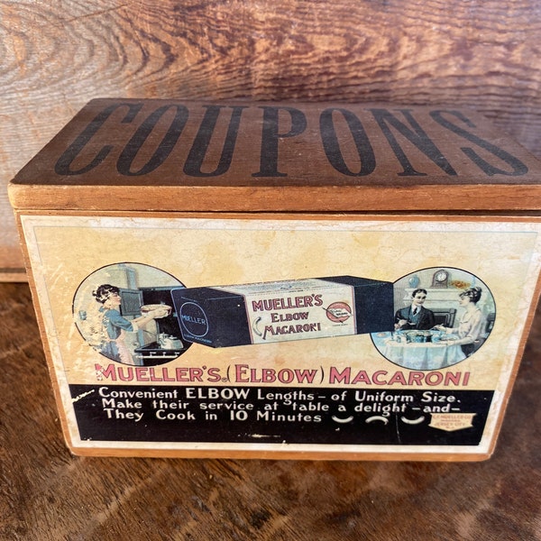 Vintage 1950s Mueller’s Elbow Macaroni Wood Coupon Box by CF Mueller Company