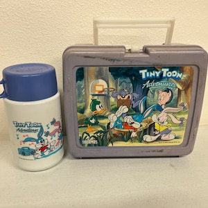 Vintage 1990 Tiny Toon Adventures Faded Purple Thermos Brand Lunch Box with Matching Thermos